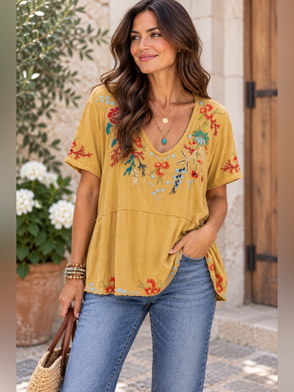 Johnny Was Ariel Marigold Embroidered Cotton V-Neck Top Size XL